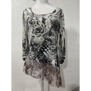 Style & Co Sequin Studded Gray Floral  Long Sleeve  Blouse Sz M Asymmetrical Hem